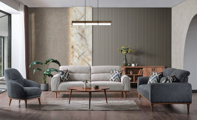 Canapé-Set 3+3+1 Sëtzer Wunnzëmmer Set Komplett Textil Holz Sofa Fotell Nei