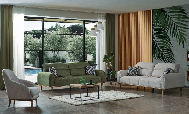 Sofa Garnitur 3+1+1 Sëtz Wunnzëmmer Set Komplett Textil Sofa Fauteuil Holz Nei
