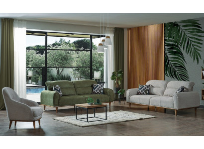 Sofa Garnitur 3+1+1 Sëtz Wunnzëmmer Set Komplett Textil Sofa Fauteuil Holz Nei