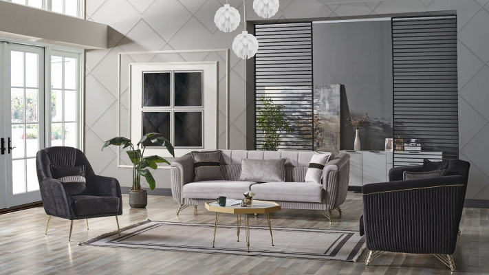 Sofagarnitur 3+3+1 Sëtzer Textil Holz Sofa 3 Sëtzer Modern Fauteuil Komplett Set Eu