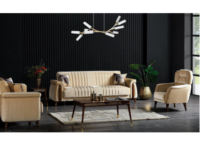 Sofagarnitur 3+3+1 Sëtzer Wunnzëmmer Set Komplett Textil Sofa Fotell Holz Beige