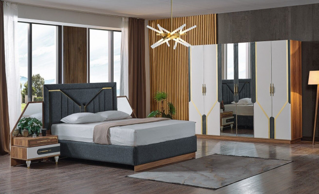 Schlofzëmmer Set Bett + 2x Nuetsdëscher + Kleederschaf Design Miwwelen 4 Stéck. Nei