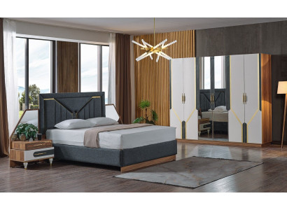 Schlofzëmmer Set Bett + 2x Nuetsdëscher + Kleederschaf Design Miwwelen 4 Stéck. Nei