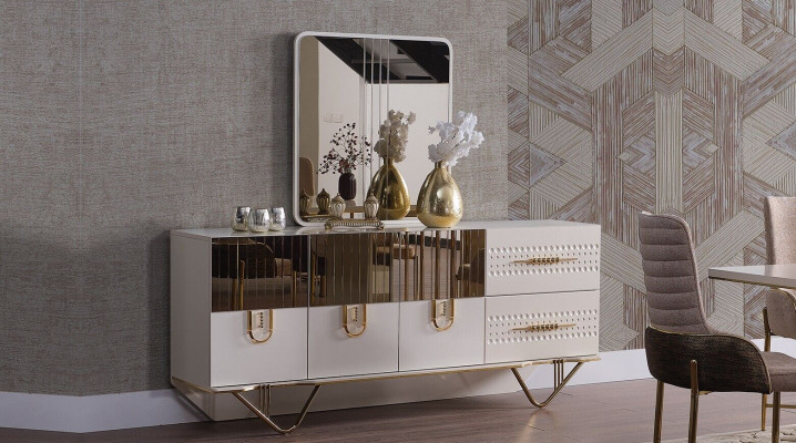 Design Iesszëmmer Komplett Iessdësch + 6x Still + Sideboard Miwwelen Holzdësch Neit