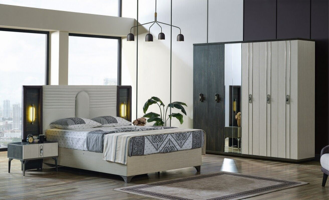 Luxus Schlofzëmmer Set 4 tlg. Bett 2x Nuetsdëscher Kleederschaf Beige