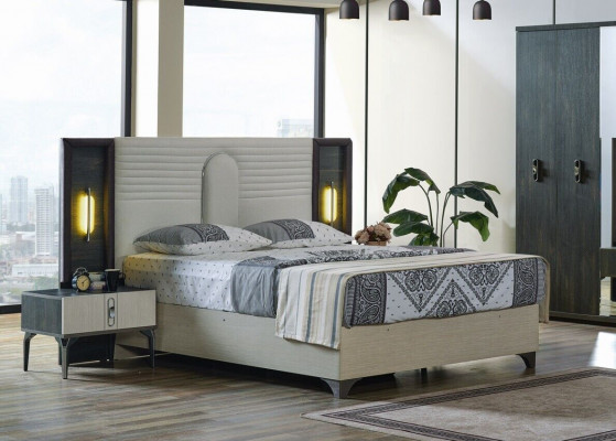Luxus Schlofzëmmer Set 4 tlg. Bett 2x Nuetsdëscher Kleederschaf Beige