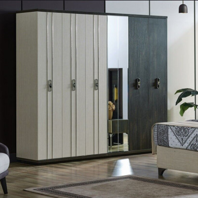 Luxus Schlofzëmmer Set 4 tlg. Bett 2x Nuetsdëscher Kleederschaf Beige