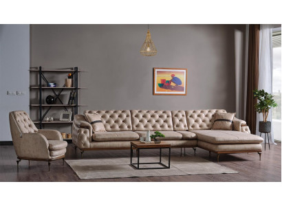 Luxus Wunnzëmmer Set Fotell Ecksofa L Form Modern Set Chesterfield Komplett