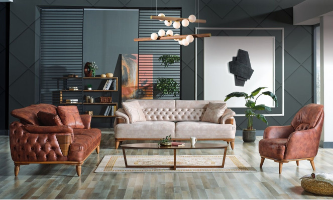 Klassesch Sofagarnitur 3+3+1 Sëtzer Chesterfield Relax Fotell Miwwel Sofa Nei