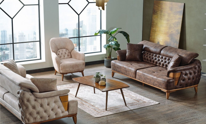 Sofasëtzer 3+3+1 Holz Wunnzëmmer Luxus Sofa Chesterfield Stoff Neien Komplett