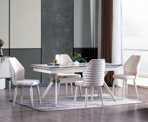 Iesszëmmer Set Modern Iessdësch + 6x Still Dësch Holz Polstersëtz 7 Tëke. Nei