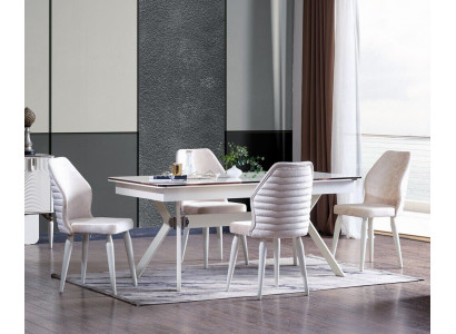 Iesszëmmer Set Modern Iessdësch + 6x Still Dësch Holz Polstersëtz 7 Tëke. Nei