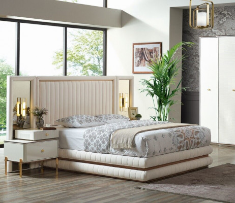 Modern Schlofzëmmer Set Bett + 2x Nuetsdësch Desig Möbel 3 Stéck. Beige