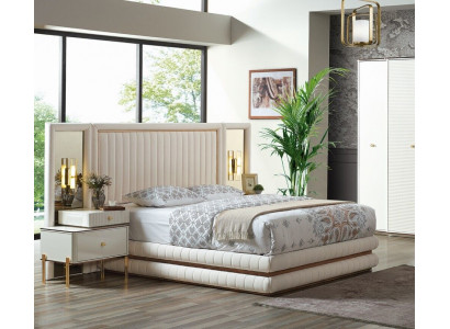 Modern Schlofzëmmer Set Bett + 2x Nuetsdësch Desig Möbel 3 Stéck. Beige