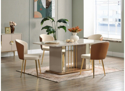 Iesszëmmer Set Modern Iessdësch + 6x Still Dësch Holz Polsterstull 7tlg