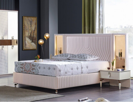 Luxus Schlofzëmmer Set Bett + 2x Nuetsdëscher Holz Komplett Modern