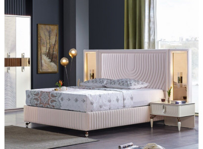 Luxus Schlofzëmmer Set Bett + 2x Nuetsdëscher Holz Komplett Modern