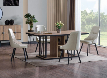 Iesszëmmer Set 7-Stéck. Iessdësch 6x Still Designer Holz Stull Garnitur Miwwelen Nei