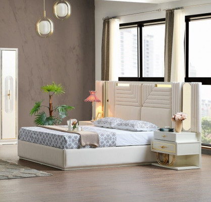 Modern Schlofzëmmer Set Bett + 2x Nuetsdëscher Design Miwwelen 3 teilig EU