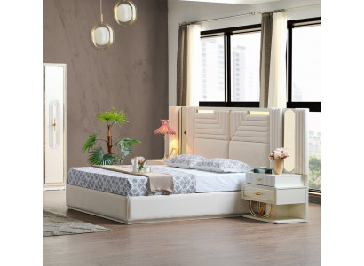 Modern Schlofzëmmer Set Bett + 2x Nuetsdëscher Design Miwwelen 3 teilig EU