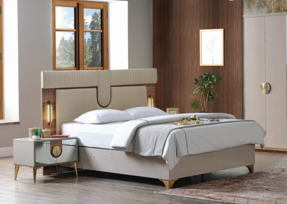 Luxus Schlofkummer Set Bett + 2x Nuetsdëscher Holz Komplett Neien Modern