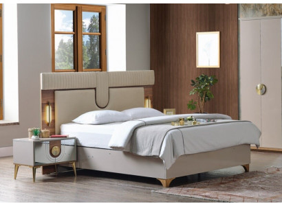 Luxus Schlofkummer Set Bett + 2x Nuetsdëscher Holz Komplett Neien Modern