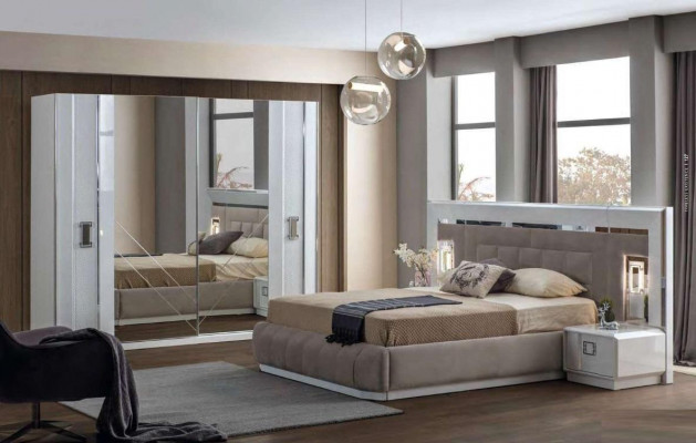 Schlofzëmmer Komplettset Bett 2x Nuetsdësch Kleederschaf Neit Design 4 Deeler.