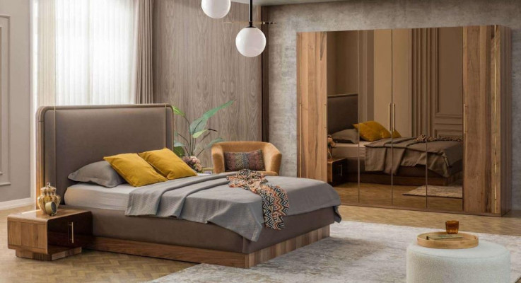 Luxus-Schlofkummer-Set Bett + 2x Nuetsdëscher + Schaf Holz Komplett Modern Nei