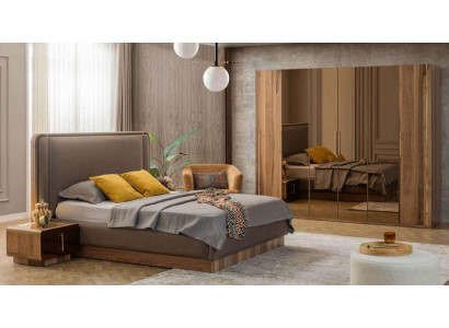 Luxus-Schlofkummer-Set Bett + 2x Nuetsdëscher + Schaf Holz Komplett Modern Nei