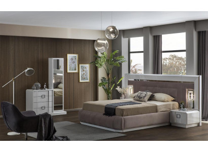 Modern Schlofzëmmer Set Bett + 2x Nuetsdëscher + Kommode mat Spigel Luxus Nei