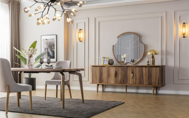 Iessdësch + 6 Still + Sideboard + Spigel Iesszëmmer Set Iessgrupp Gruppendësch