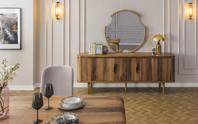 Iessdësch + 6 Still + Sideboard + Spigel Iesszëmmer Set Iessgrupp Gruppendësch