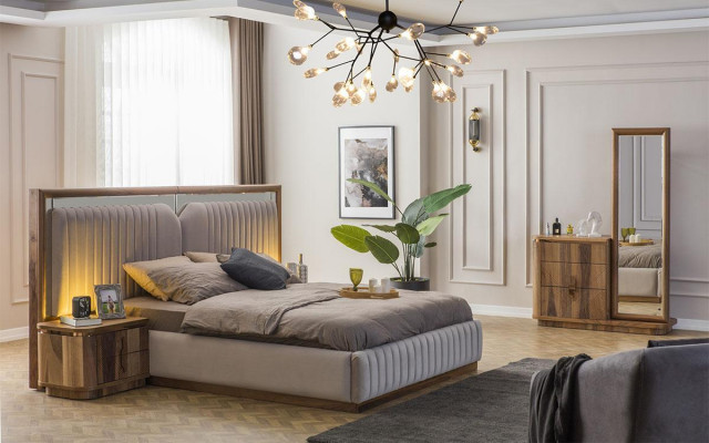 Moderne Schlofkummer Set Bett + 2x Nuetsdëscher + Kommode mat Spigel Modern