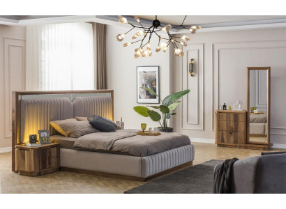 Moderne Schlofkummer Set Bett + 2x Nuetsdëscher + Kommode mat Spigel Modern