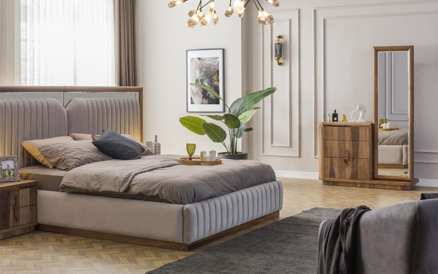 Moderne Schlofkummer Set Bett + 2x Nuetsdëscher + Kommode mat Spigel Modern