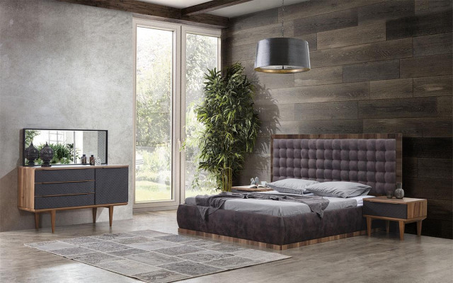 Schlofzëmmer Set Bett + 2x Nuetsdëscher + Kommode + Spigel Design Miwwelen 5tlg