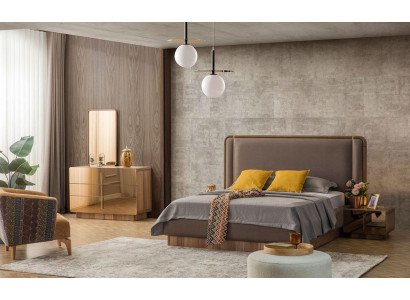 Schlofzëmmer Set Bett + 2x Nuetsdëscher + Kommode + Spigel Design Miwwelen Nei 5 Deeler