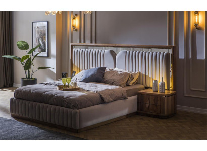 Luxus Schlofzëmmer Set Bett + 2x Nuetsdëscher Holz Komplett Modern