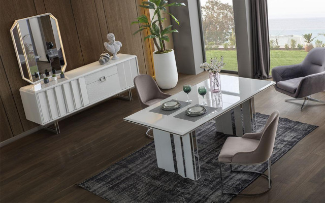 Luxus Iesszëmmer Set Iessdësch + 6x Still + Säiteboard mat Spigel Modern Komplett