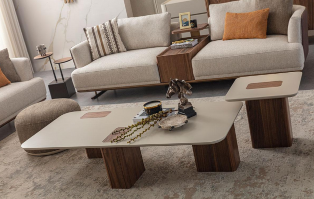 Canapé Dësch Dëscher Dësch Design Luxus Miwwelen Beige Holz Wunnzëmmer Neit