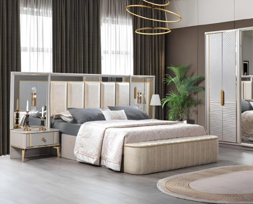 Schlofzëmmer Set Luxus Komplett Bett 2x Nuetsdësch Modern 3 Deeler Nei