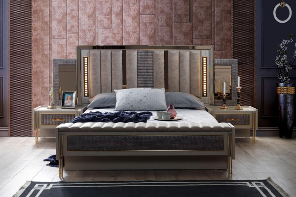 Schlofzëmmer Set Bett 2x Nuetsdëscher Holzmiwwelen 3tlg Modern Design Sets Nei