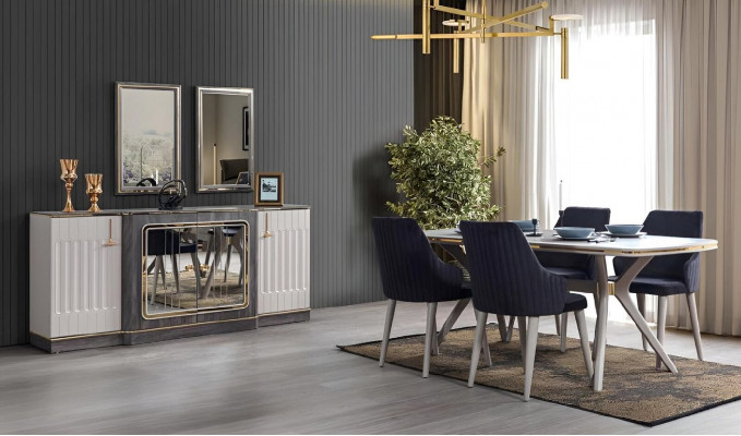 Luxus Iesszëmmer Set Iessdësch + 6x Stull + Sideboard mat 2x Spigel Neit Set