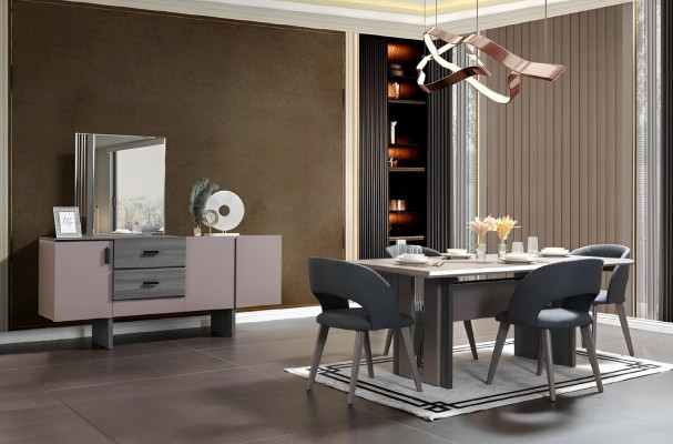Modern Iesszëmmer Set Iessdësch 6x Still Ariichten mat Spigel 8 teileg