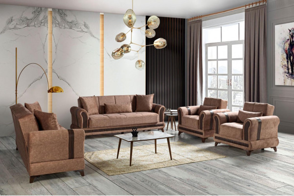 Salonensemble 3+2+1+1 Plazen Wunnzëmmer Set Stoff Sofa Fauteuil Schlofssofa