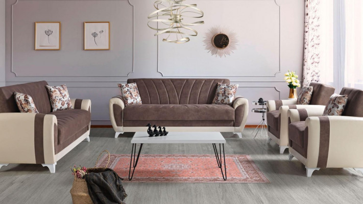 Schloofcouch Sofagarnitur 3+2+1+1 Sëtzer Textil Sofa Fauteuil Komplett Set Braun