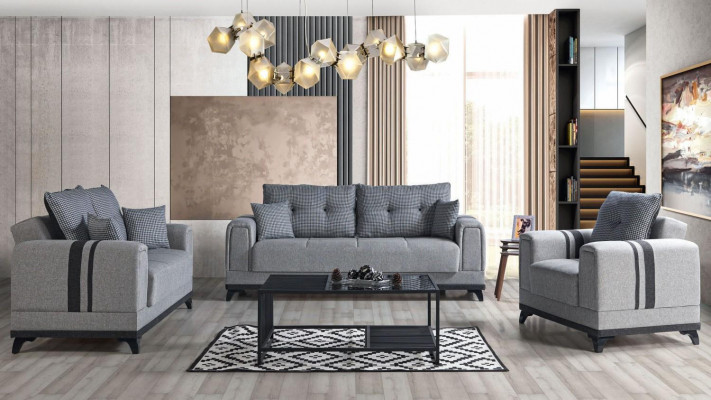 Grou Sofagarnitur 3+2+1 Plazen Textil Holz Sofa Fotell Komplett Set