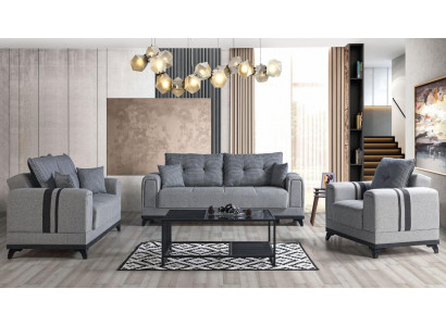 Grou Sofagarnitur 3+2+1 Plazen Textil Holz Sofa Fotell Komplett Set