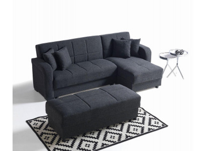 Ecksofa L-Form Hocker Schwaarz Komplett Wunnzëmmer Set 2tlg. Luxus Miwwelen