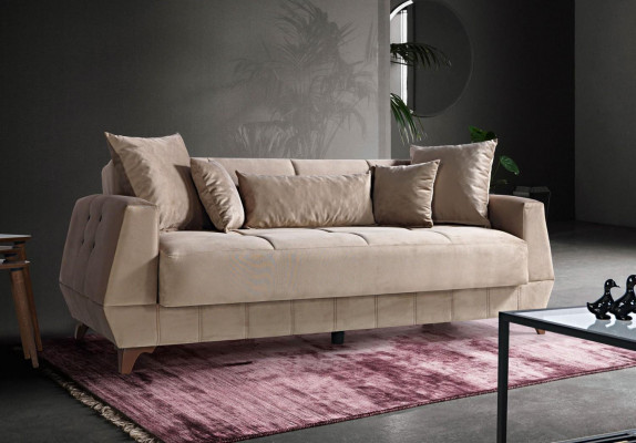 Design Sofa Drësëtzer Beige Canapé Miwwelen Textil Stoff 3 Sëtzer Couches Sofas